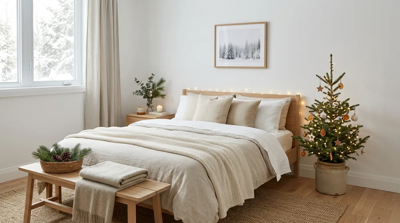 Use greenery to frame the room softly inspiration for a Christmas bedroom.